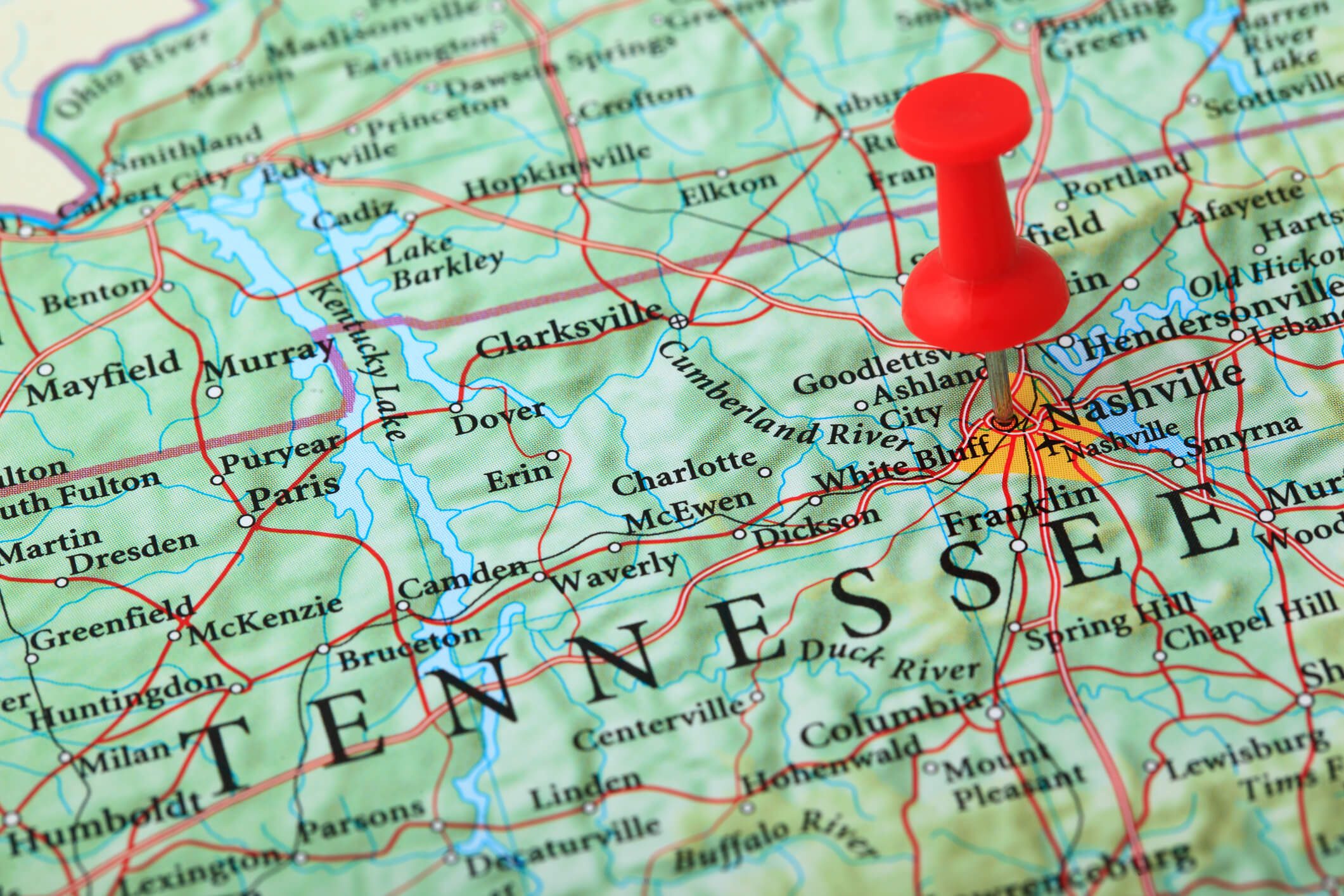 Map of Tennessee with red pushpin
